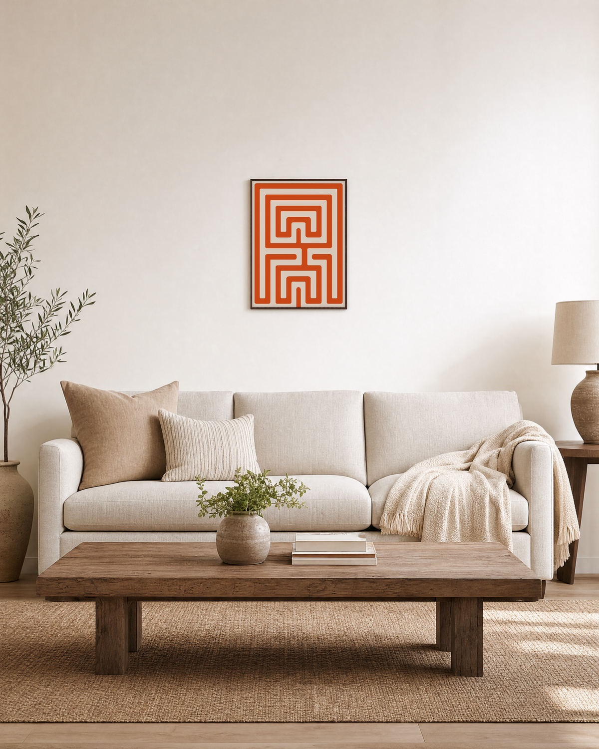 Maze Hour orange maze wall art: unframed print is shown framed for styling in a living room; frame not included