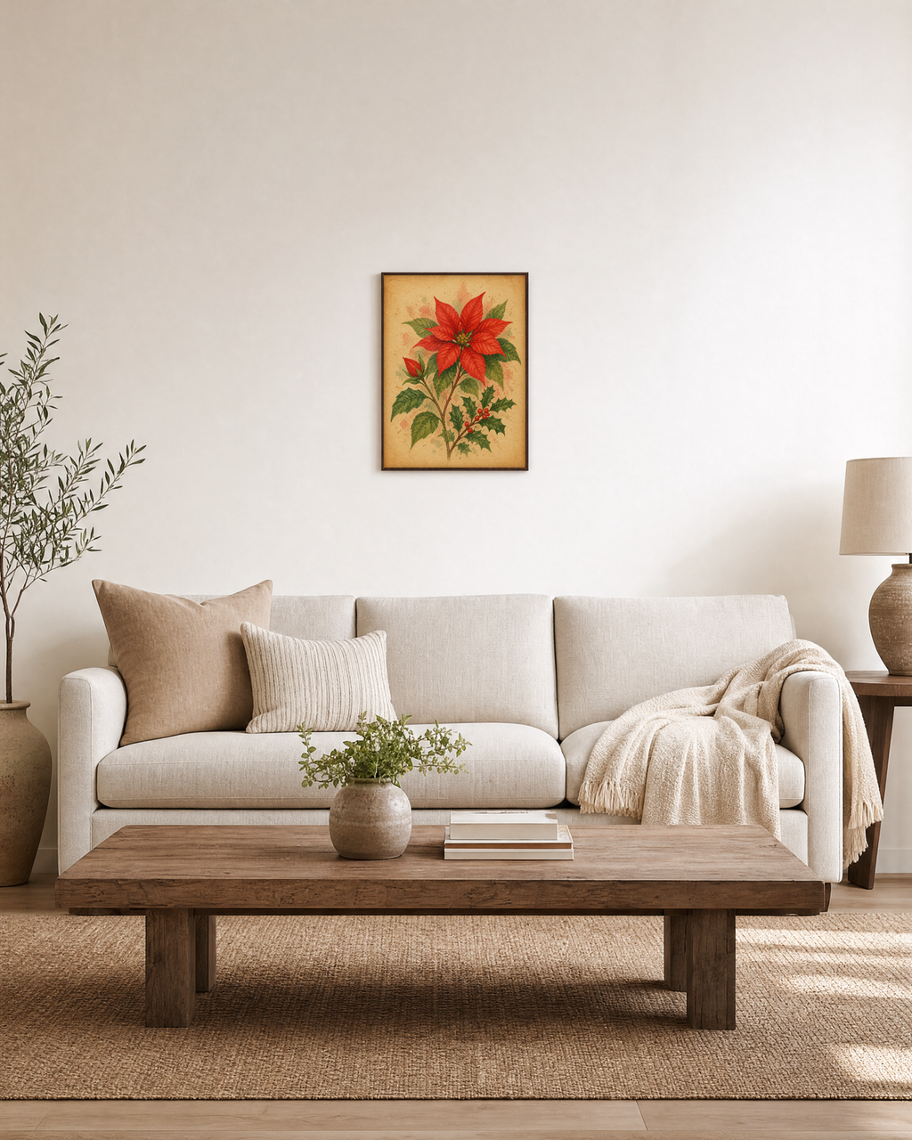 Winter Poinsettia red poinsettia print: unframed print is shown framed for styling in a living room; frame not included
