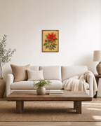 Winter Poinsettia red poinsettia print: unframed print is shown framed for styling in a living room; frame not included