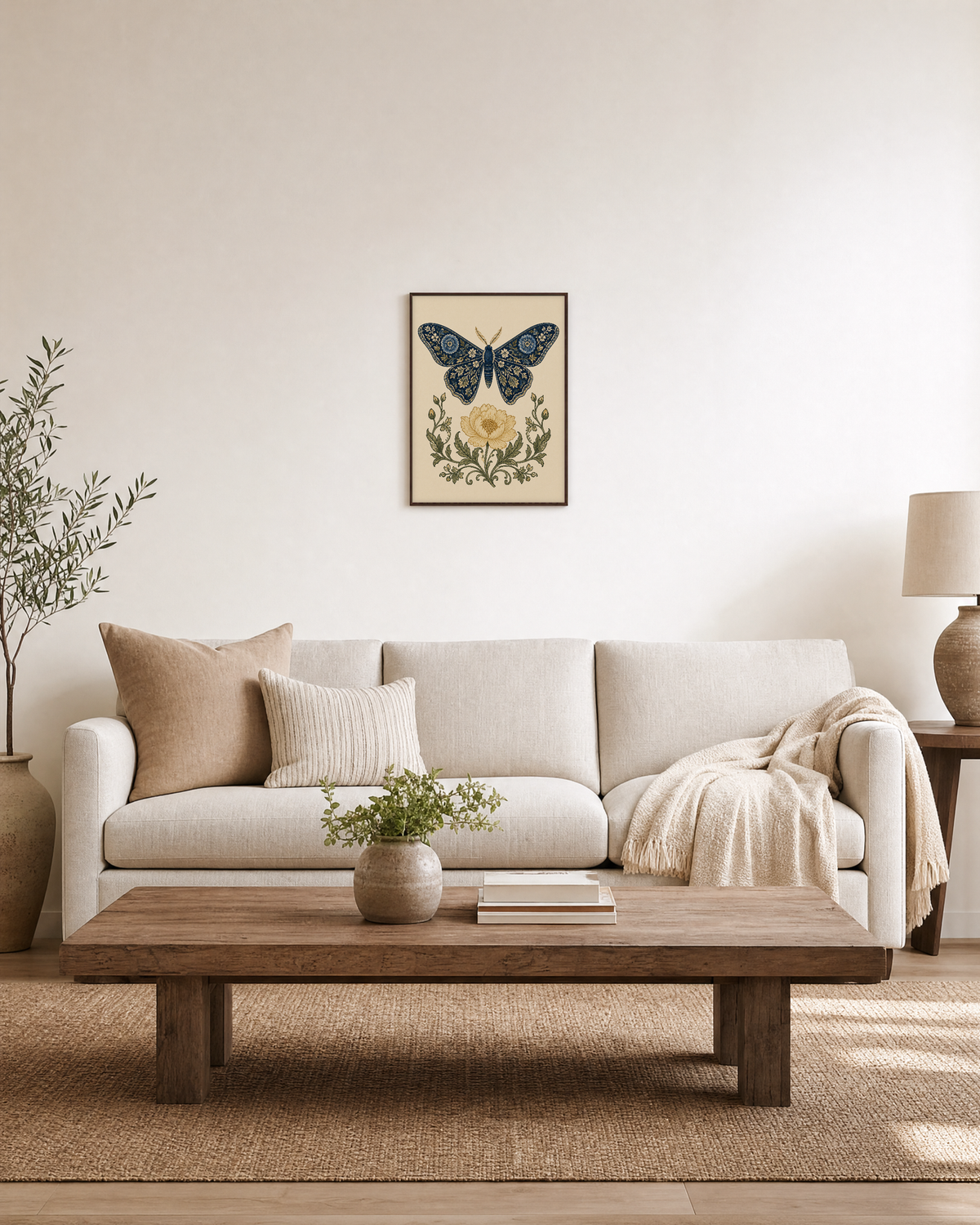 Butter Bloom navy moth wall art: unframed print is shown framed for styling in a living room; frame not included