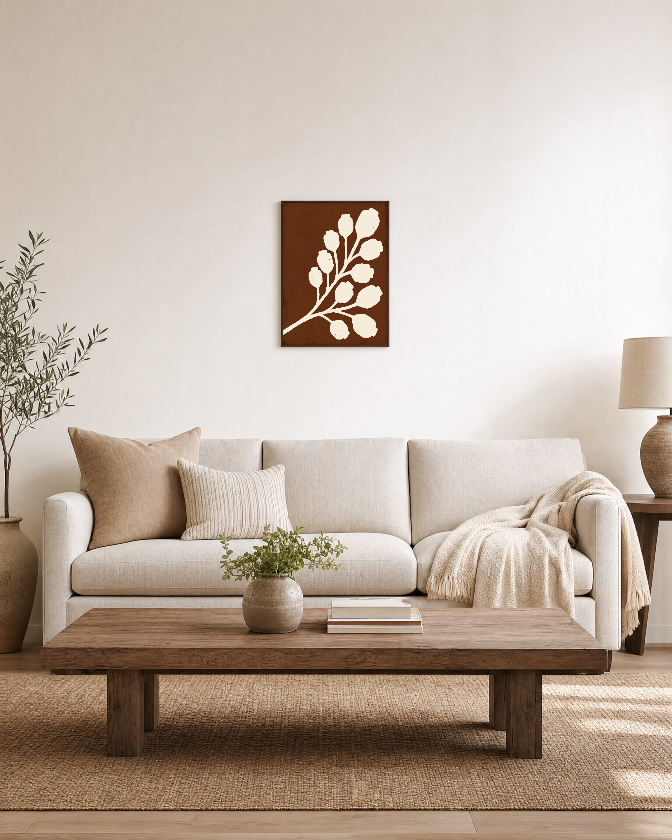 Cream Bloom Brown unframed print is shown framed for styling in a living room; frame not included