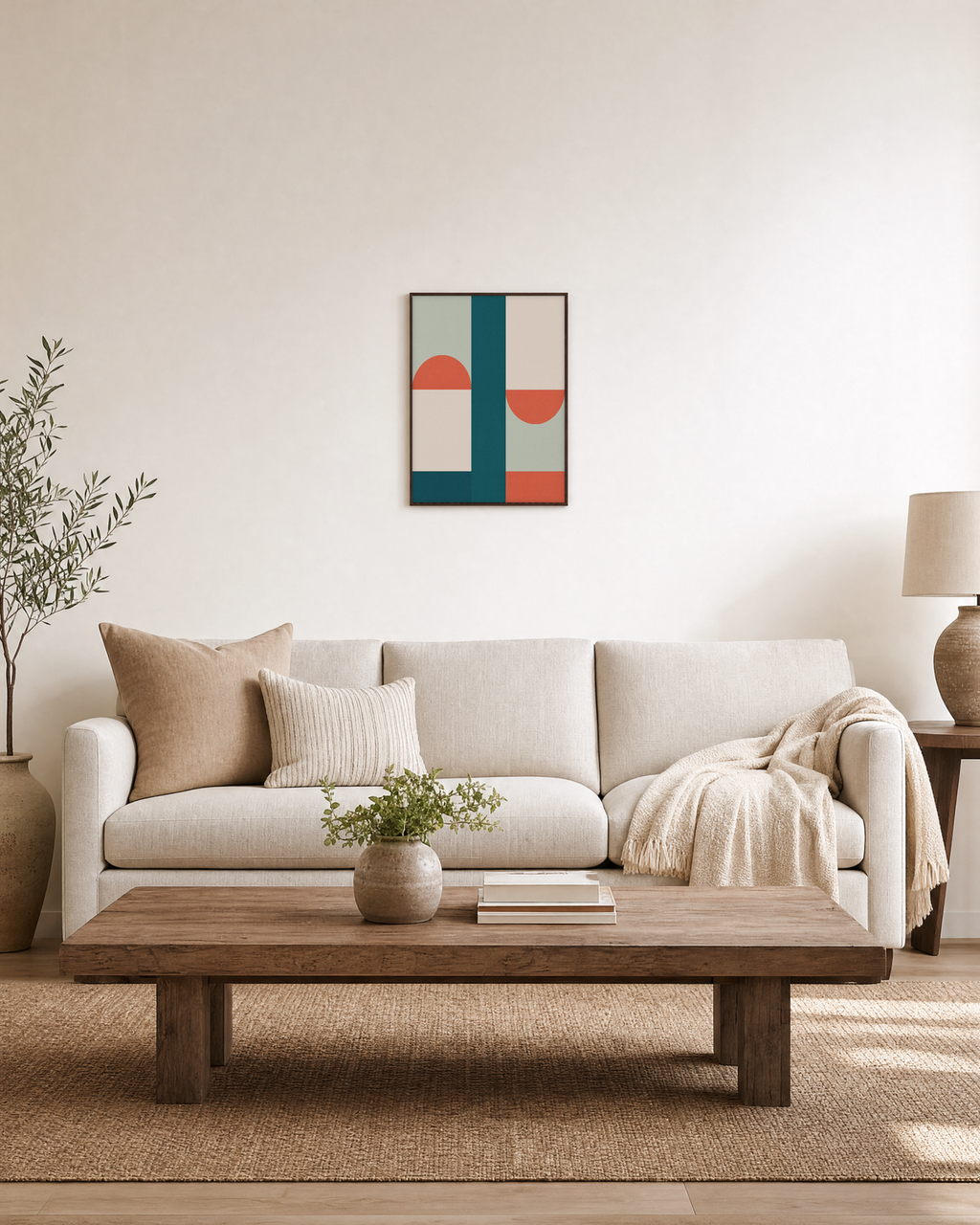 Teal Slab Two Terracotta Caps unframed print is shown framed for styling in a living room; frame not included