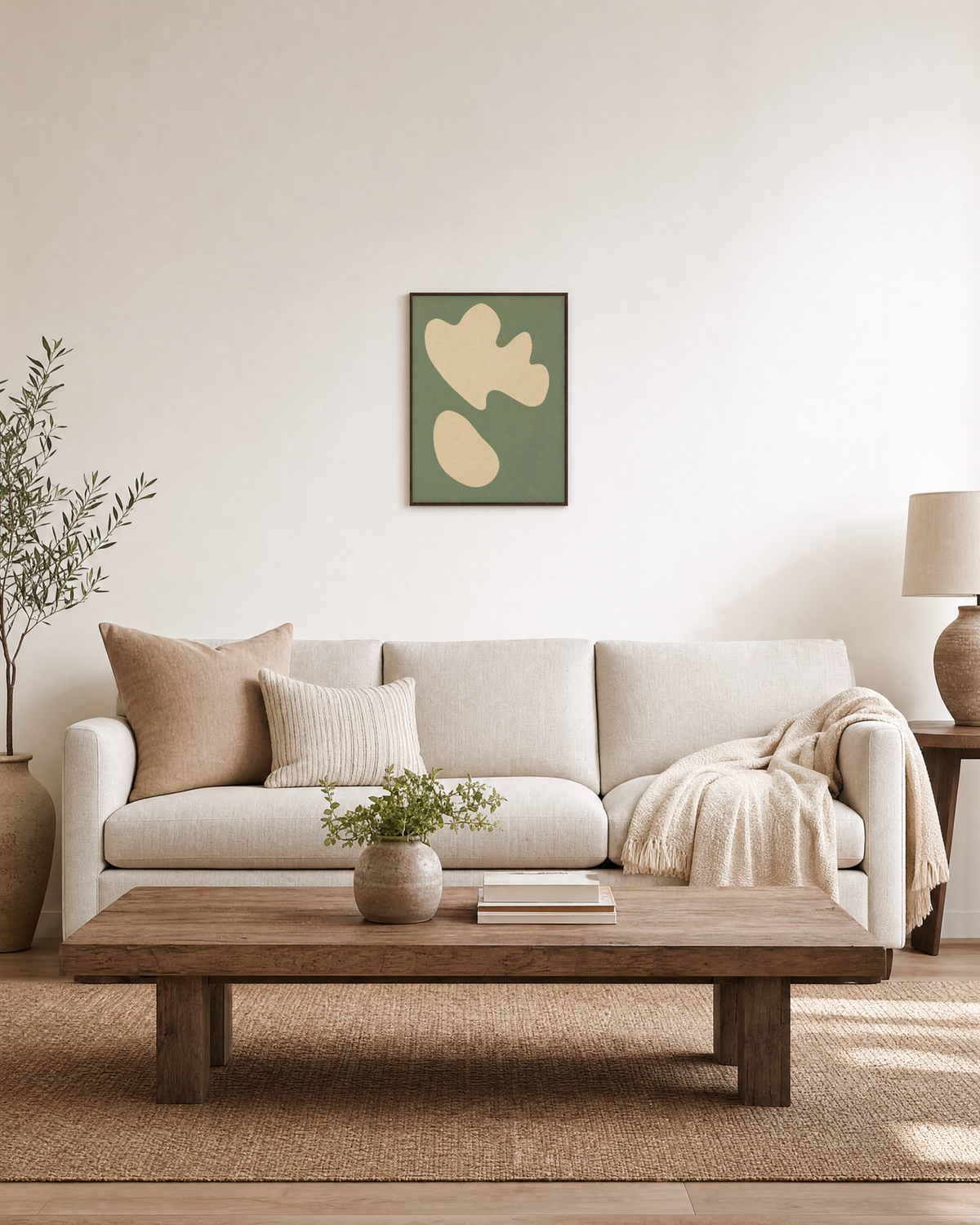 Cream Shapes on Green Field green and cream organic shapes wall art print: unframed print is shown framed for styling in a living room; frame not included