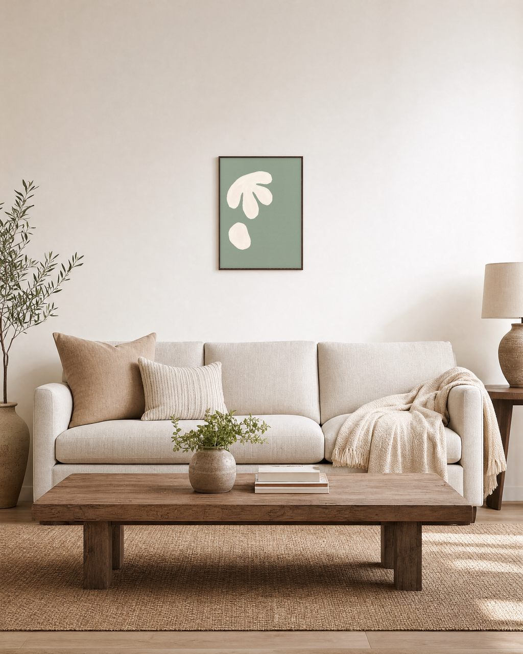 Cream Cutouts Sage unframed print is shown framed for styling in a living room; frame not included