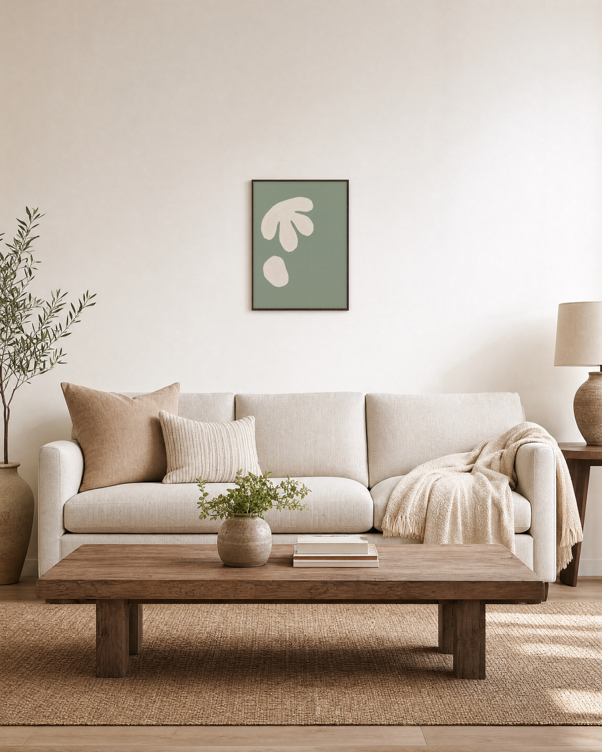 Two Ivory Cutouts on Sage sage green abstract wall art print: unframed print is shown framed for styling in a living room; frame not included
