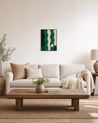 Ribbon Pause green wave ribbon wall art: unframed print is shown framed for styling in a living room; frame not included
