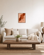 Brown Bands Across Orange Arch burnt orange geometric wall art: unframed print is shown framed for styling in a living room; frame not included