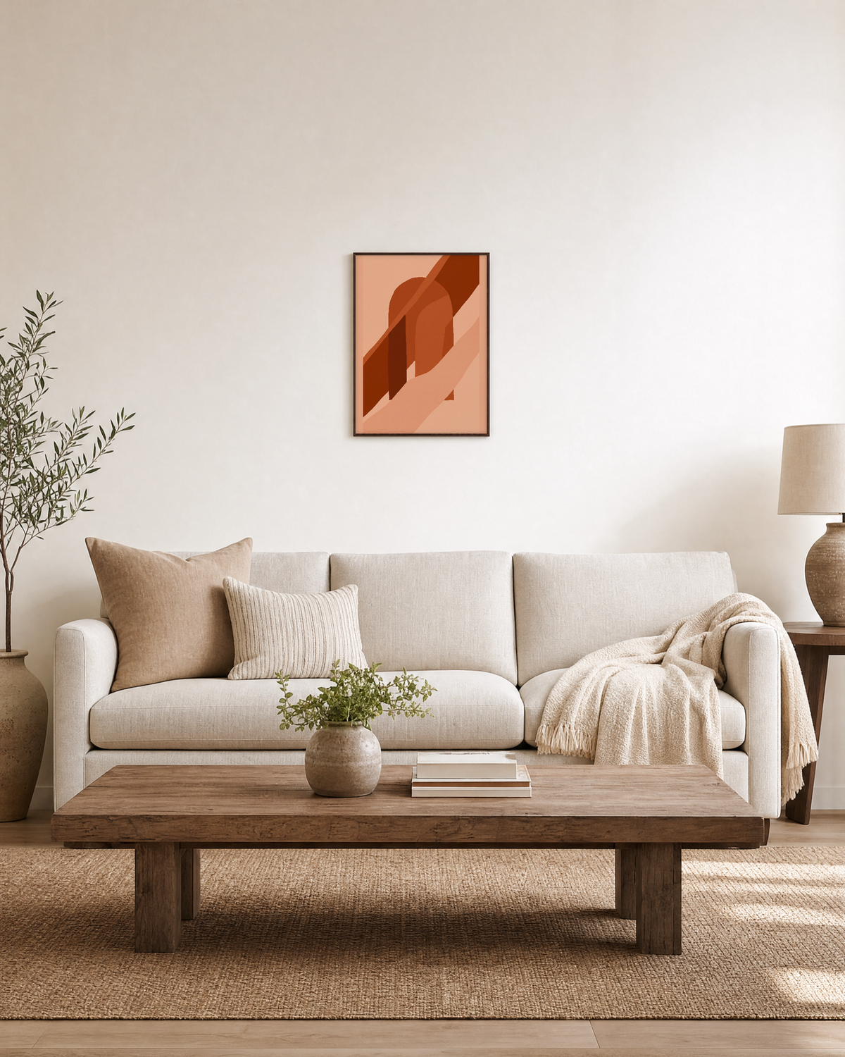 Brown Bands Across Orange Arch burnt orange geometric wall art: unframed print is shown framed for styling in a living room; frame not included