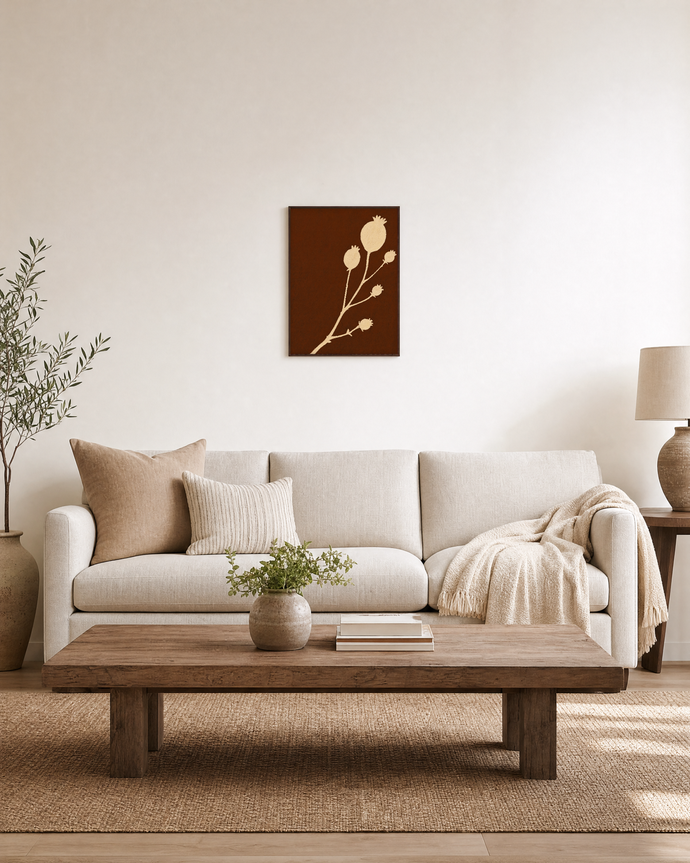 Cream Bloom Brown unframed print is shown framed for styling in a living room; frame not included