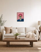 Morning Tulips five tulip wall art: unframed print is shown framed for styling in a living room; frame not included