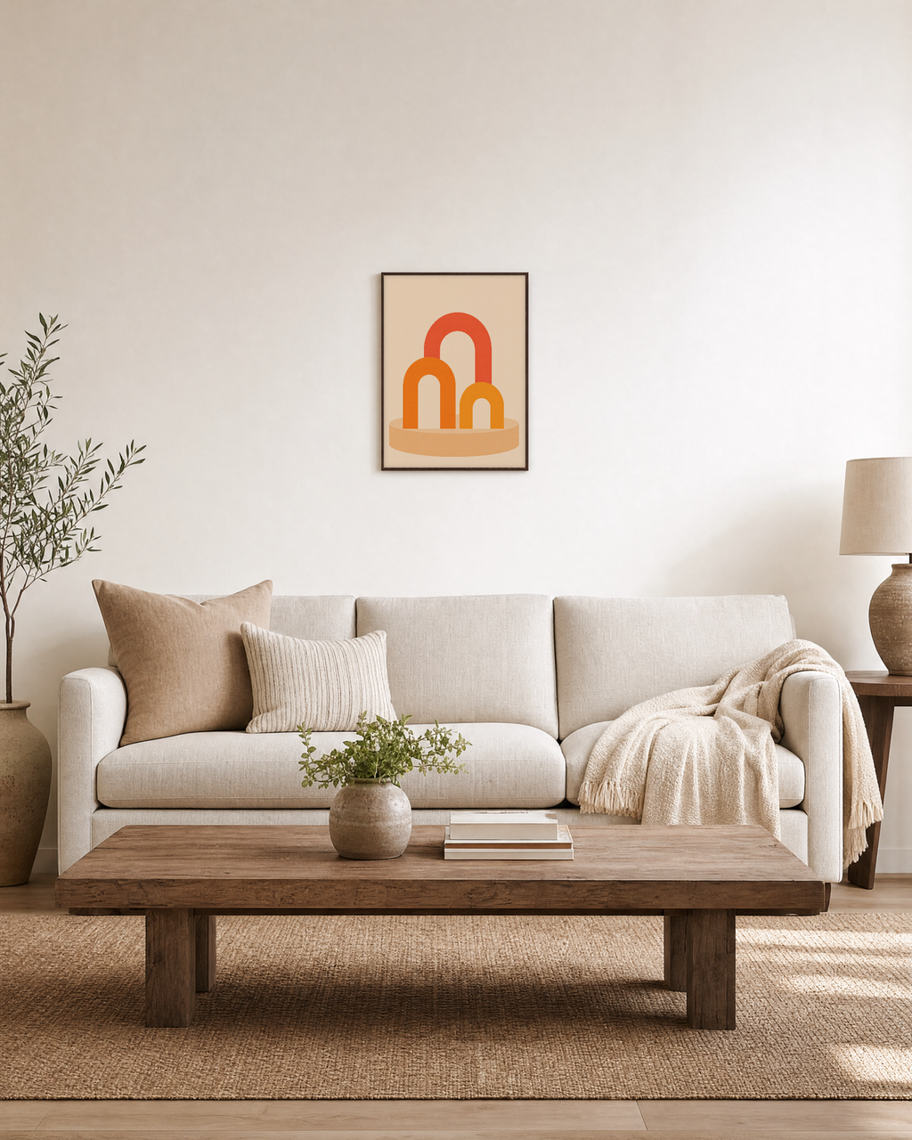 Three Warm Arches One Pedestal unframed print is shown framed for styling in a living room; frame not included