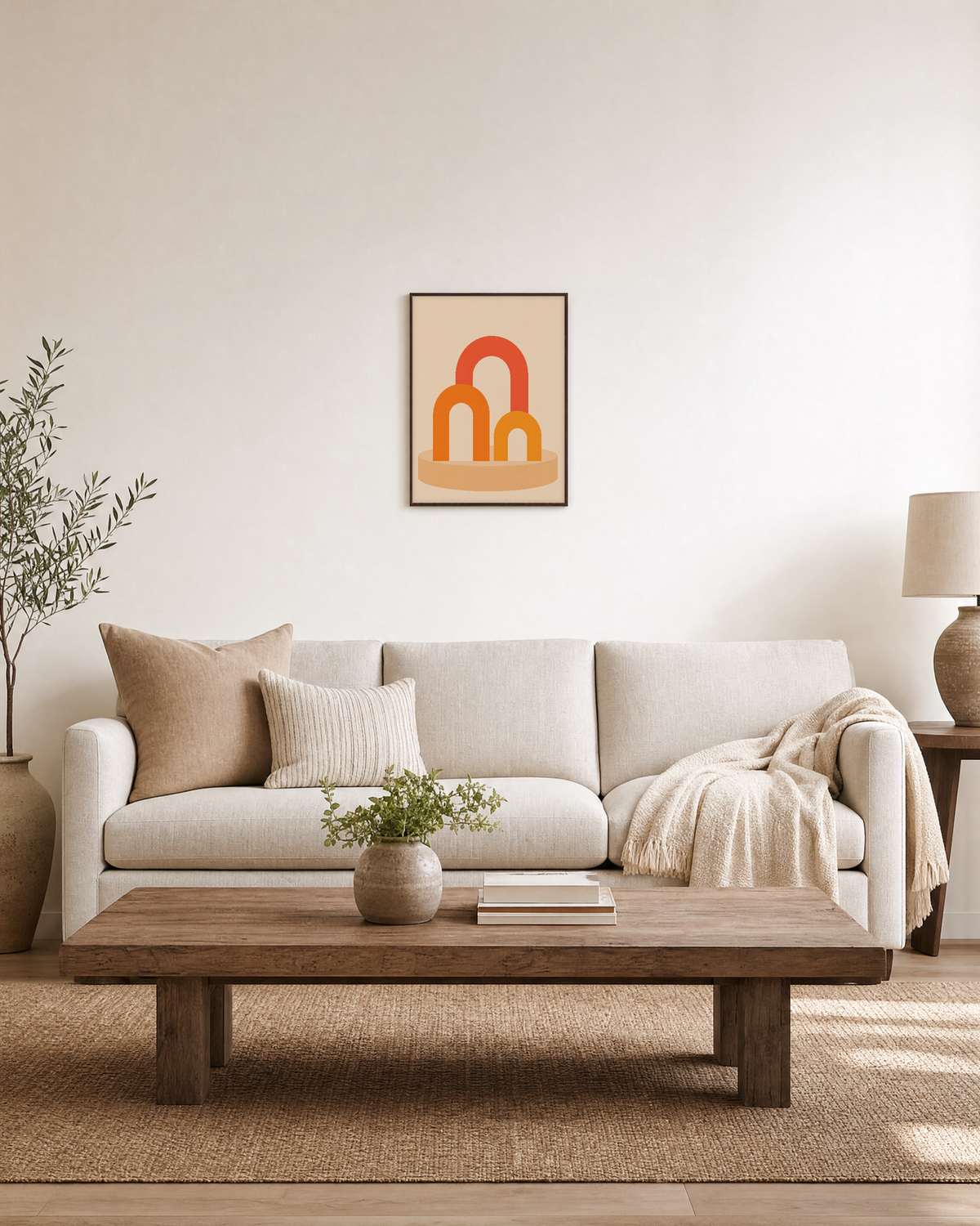 Three Warm Arches One Pedestal unframed print is shown framed for styling in a living room; frame not included