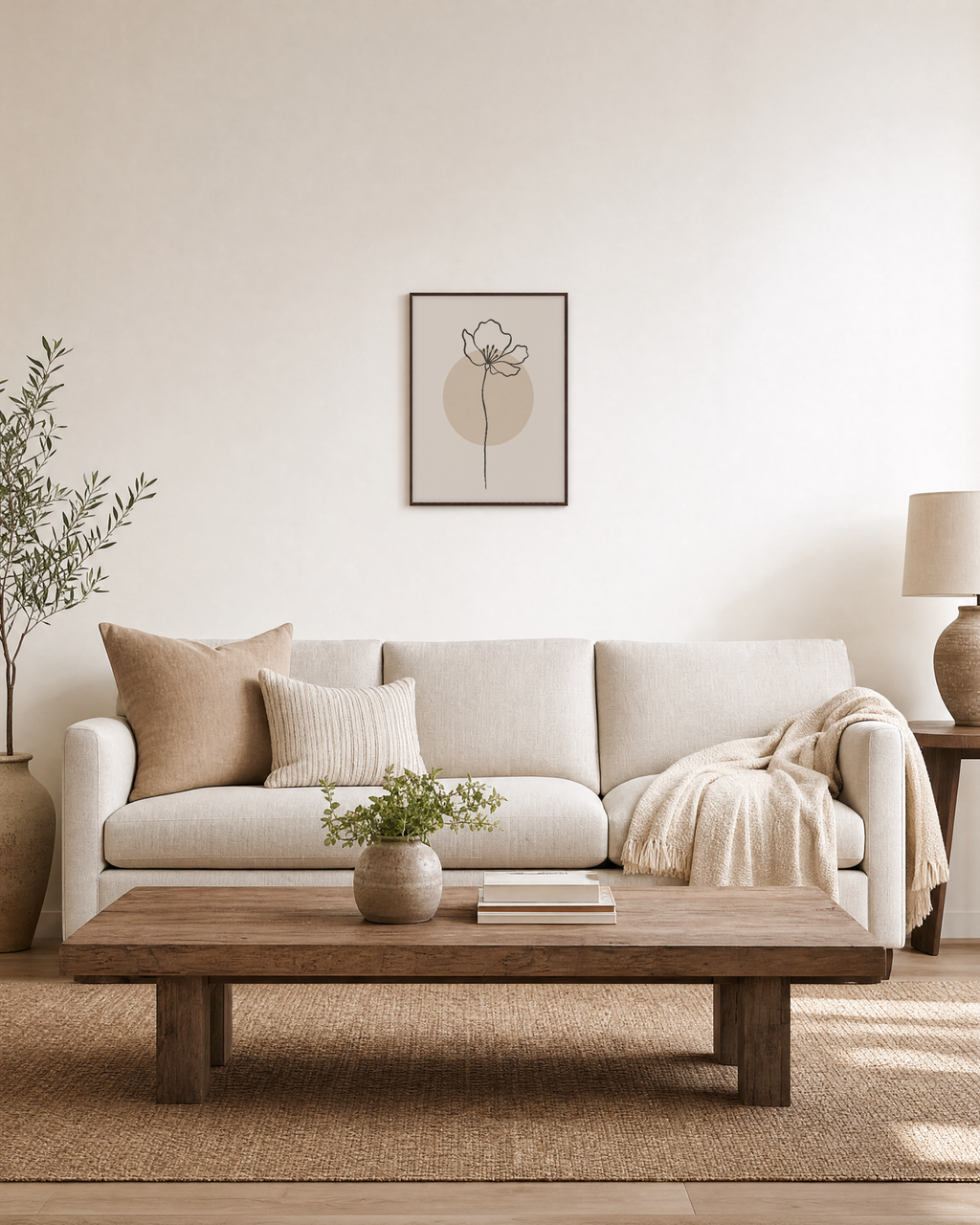 Poppy Pause line poppy print: unframed print is shown framed for styling in a living room; frame not included