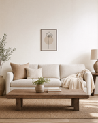 Poppy Pause line poppy print: unframed print is shown framed for styling in a living room; frame not included
