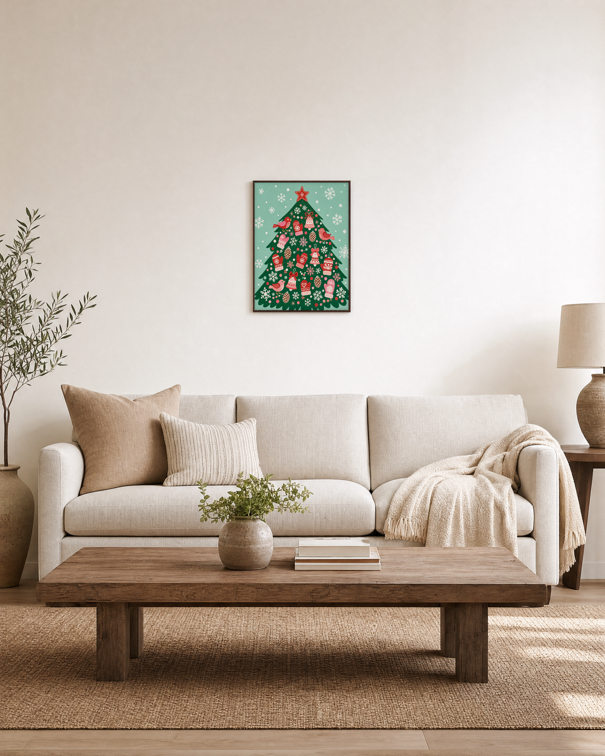 Mitten Tree mitten tree print: unframed print is shown framed for styling in a living room; frame not included