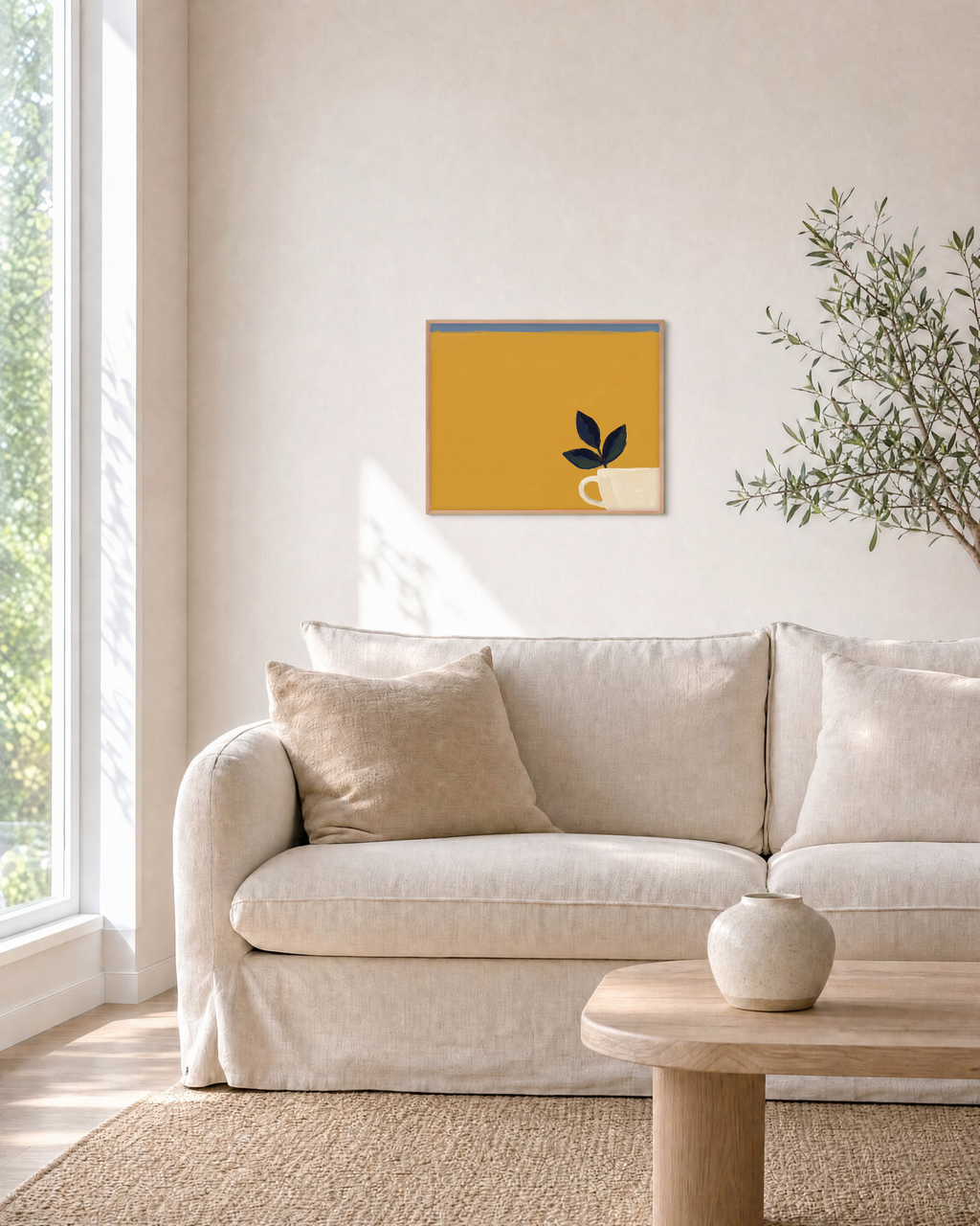 Mustard Leaf Pot Studio edition unframed print is shown framed for styling in a living room; Frame not included