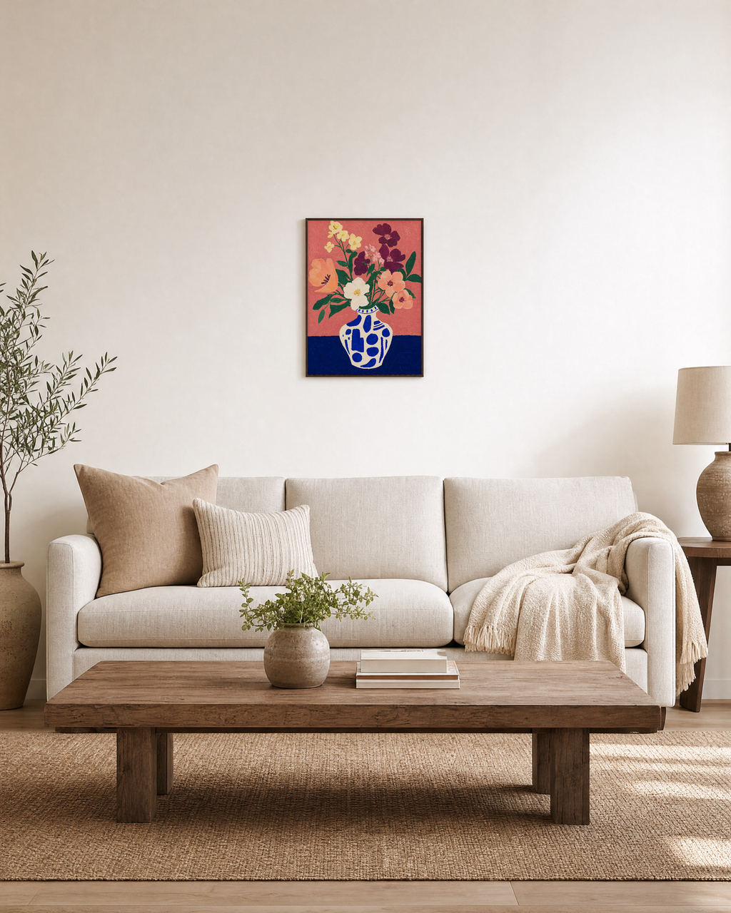 Saturday Flowers peach flower wall art print: unframed print is shown framed for styling in a living room; frame not included