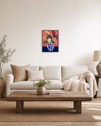 Saturday Flowers peach flower wall art print: unframed print is shown framed for styling in a living room; frame not included