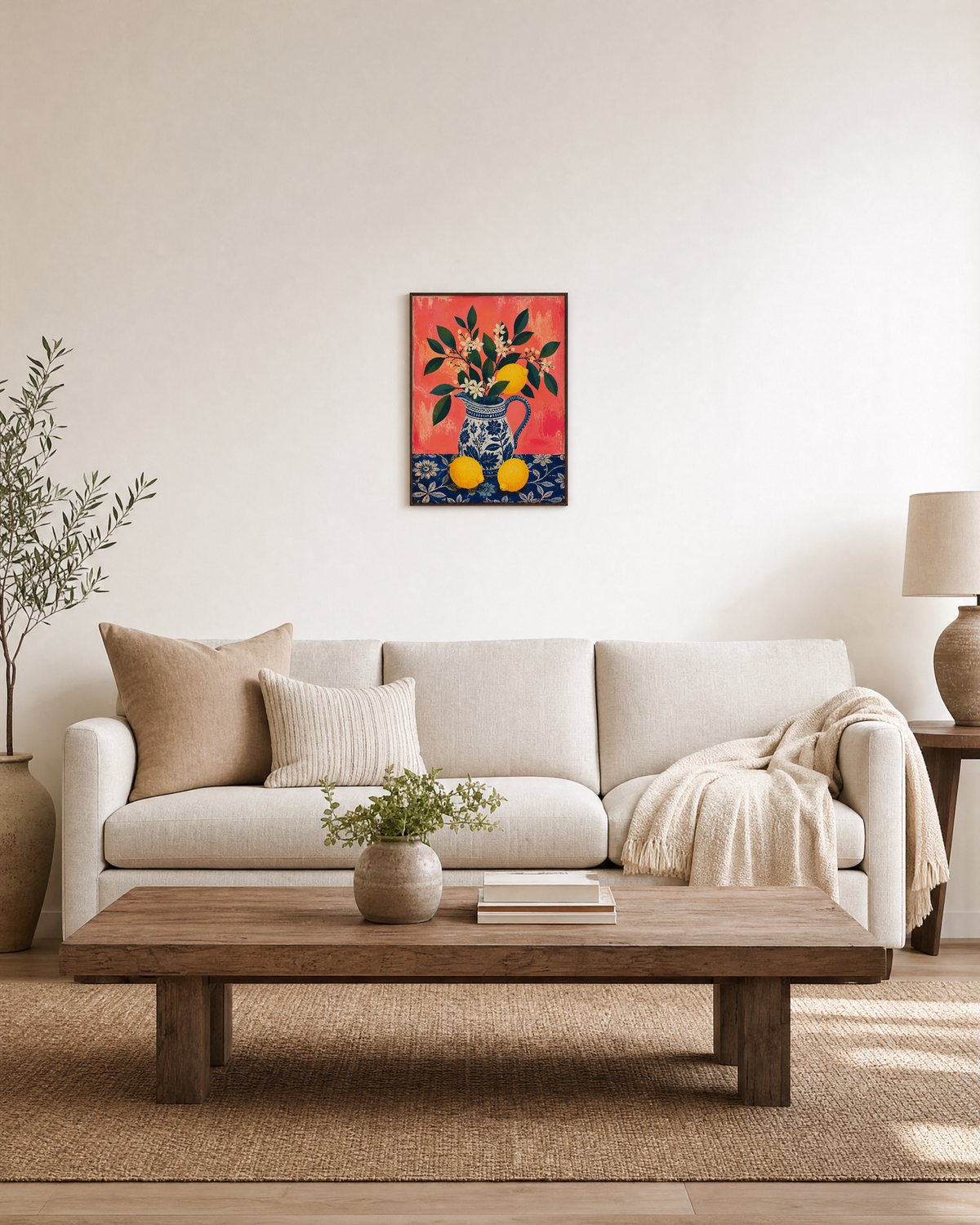 Lemon Pitcher lemon pitcher wall art: unframed print is shown framed for styling in a living room; frame not included
