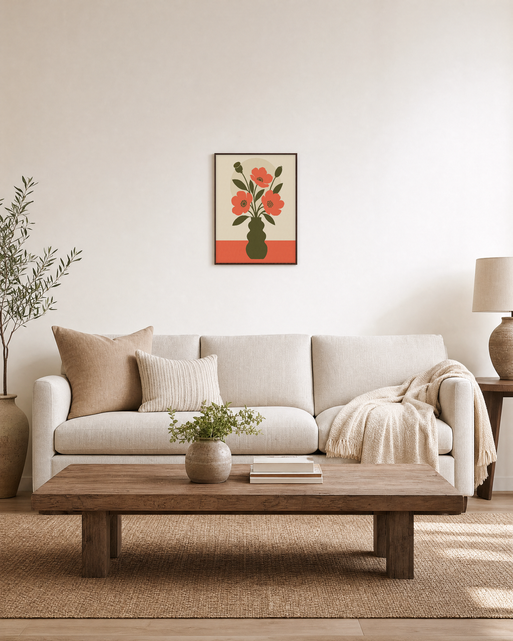 Table Poppies poppy art print: unframed print is shown framed for styling in a living room; frame not included