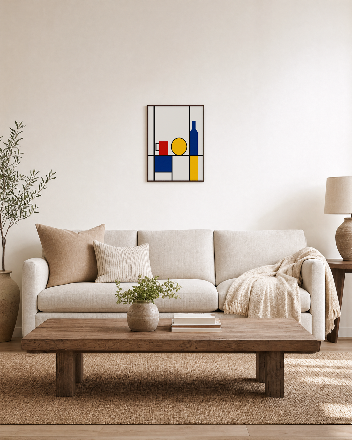 Primary Still Life Grid Remap unframed print is shown framed for styling in a living room; frame not included