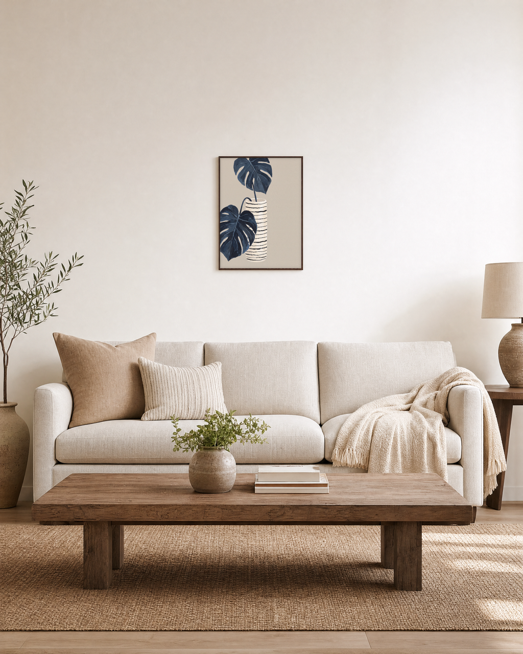 Stripe Pot Leaves Studio edition unframed print is shown framed for styling in a living room; Frame not included