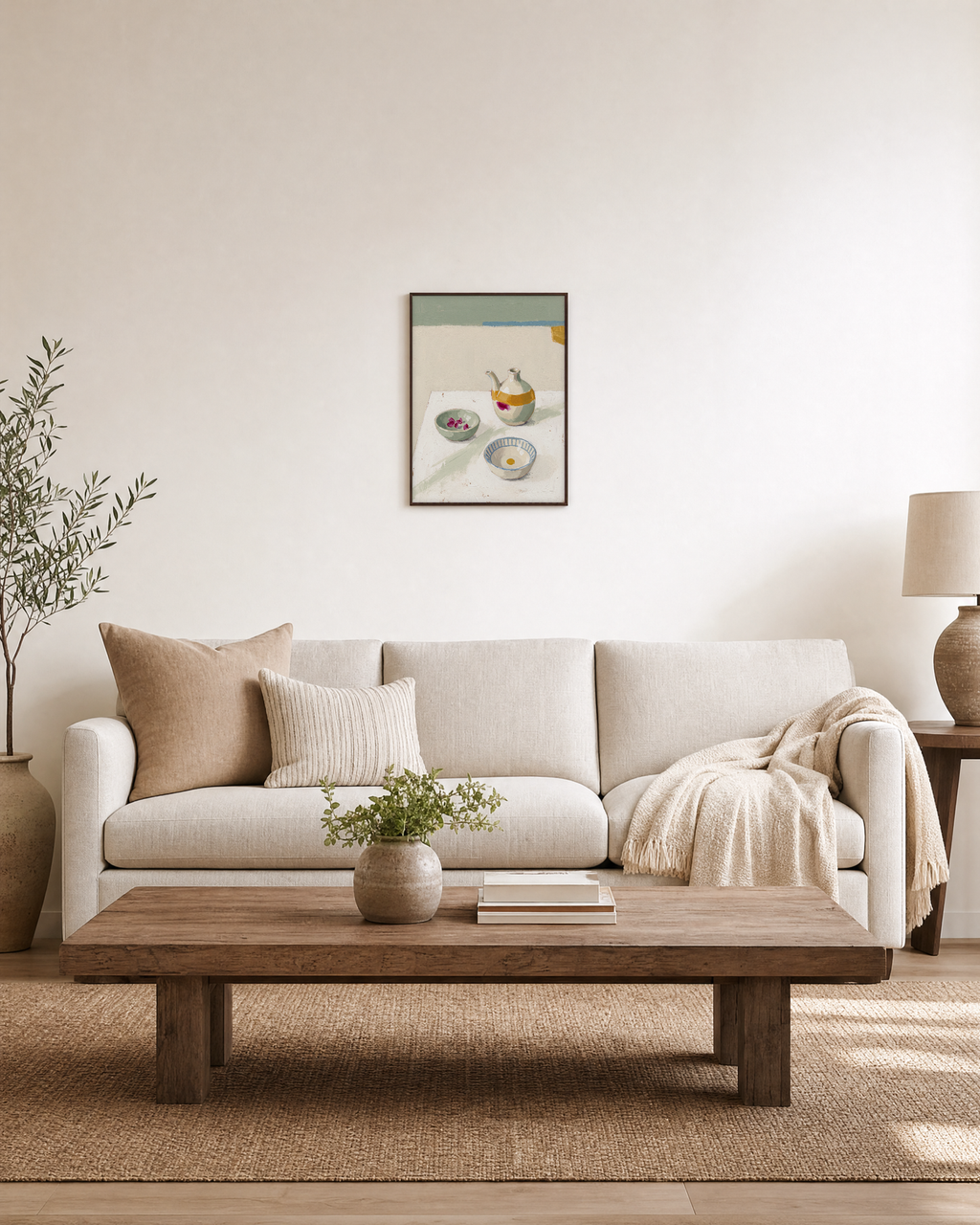 After Tea olive oil wall art: unframed print is shown framed for styling in a living room; frame not included