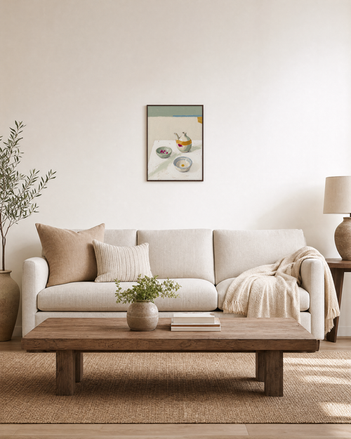 After Tea olive oil wall art: unframed print is shown framed for styling in a living room; frame not included