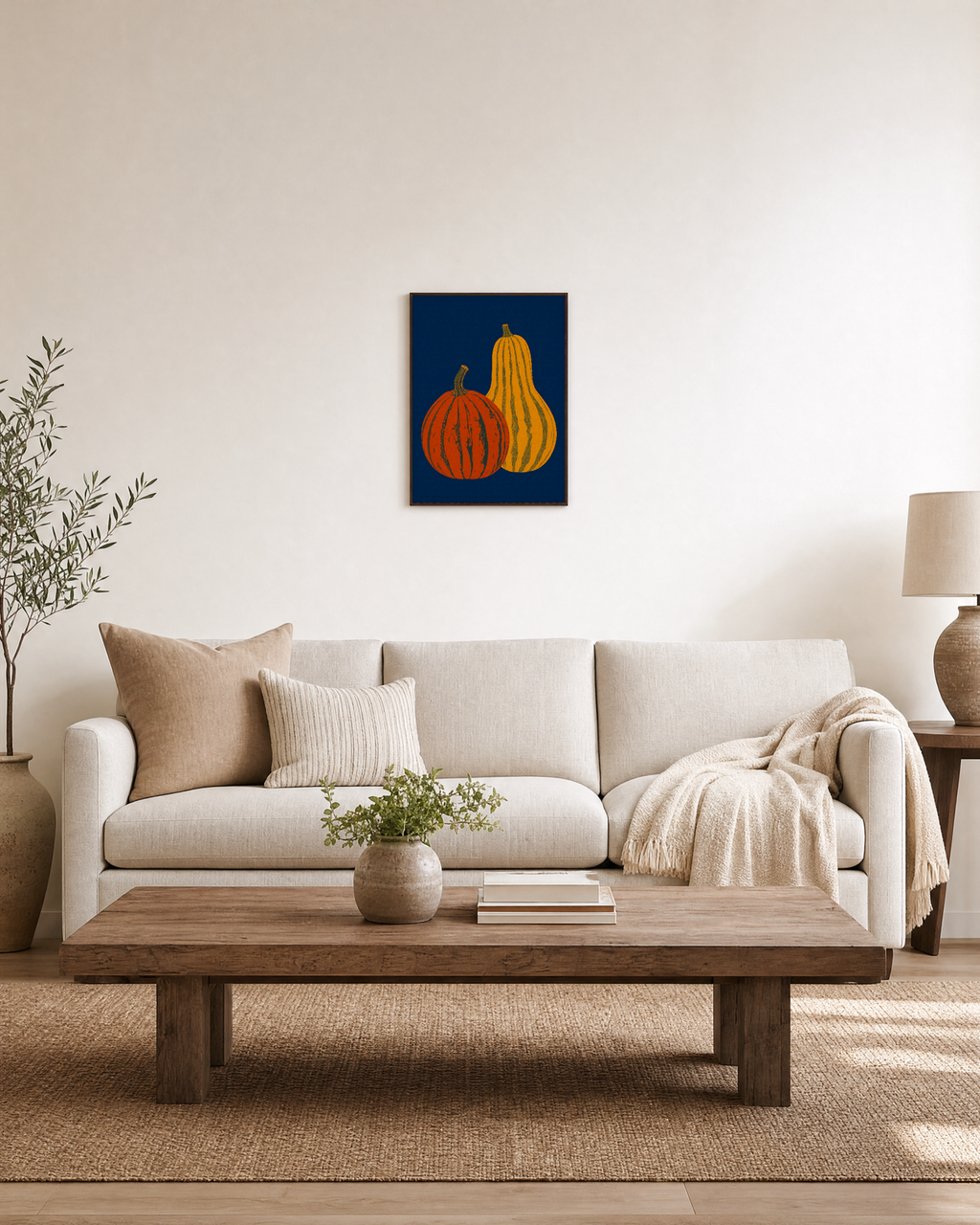 Late Harvest pumpkin delicata wall art: unframed print is shown framed for styling in a living room; frame not included