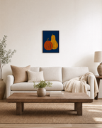 Late Harvest pumpkin delicata wall art: unframed print is shown framed for styling in a living room; frame not included