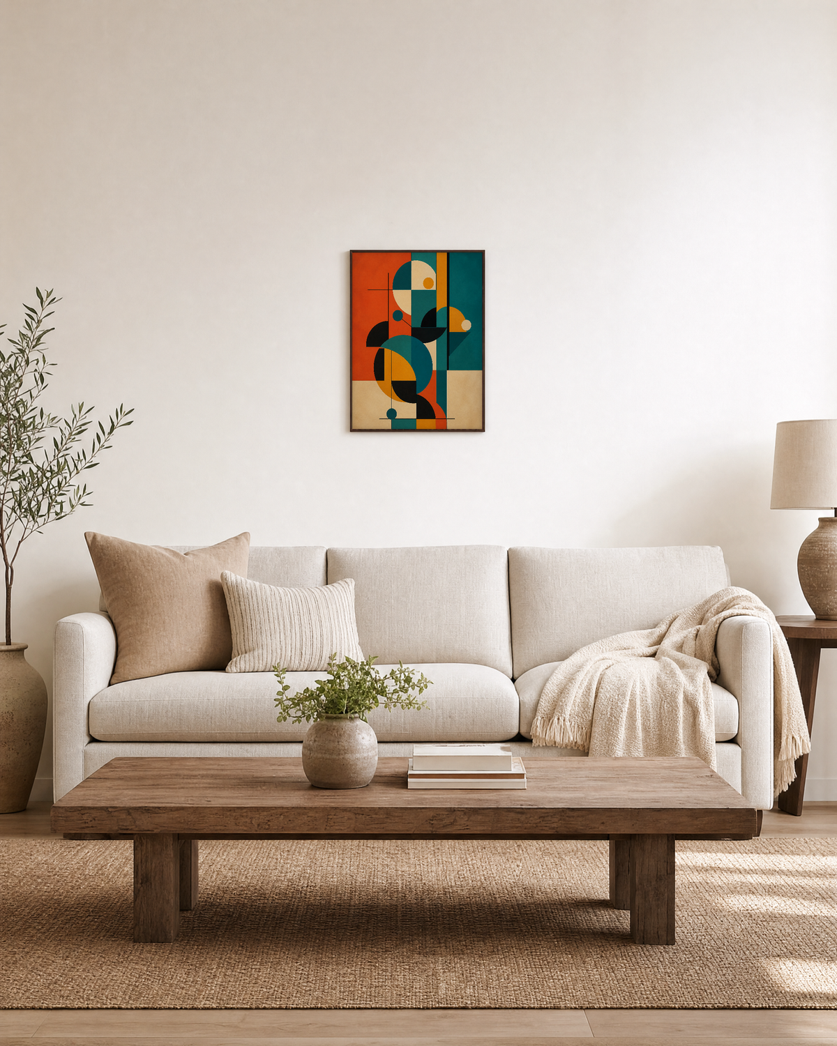 Circle Stack geometric art prints: unframed print is shown framed for styling in a living room; frame not included