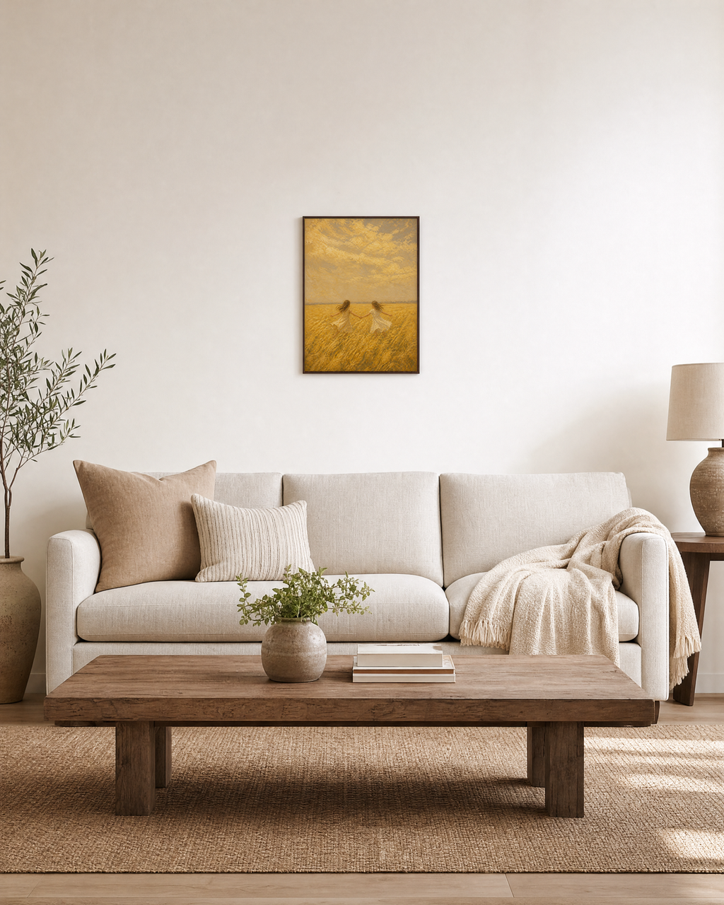 Golden Run golden field print: unframed print is shown framed for styling in a living room; frame not included