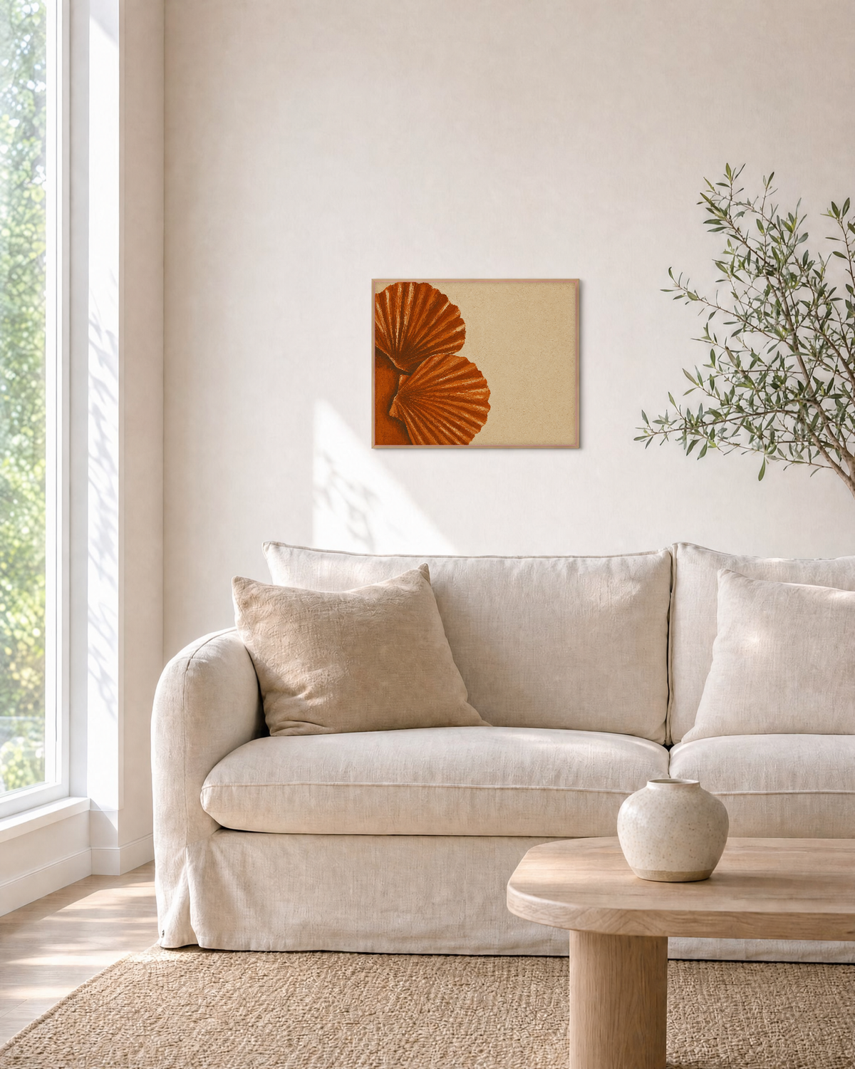 Two Shells From Left unframed print is shown framed for styling in a living room; frame not included