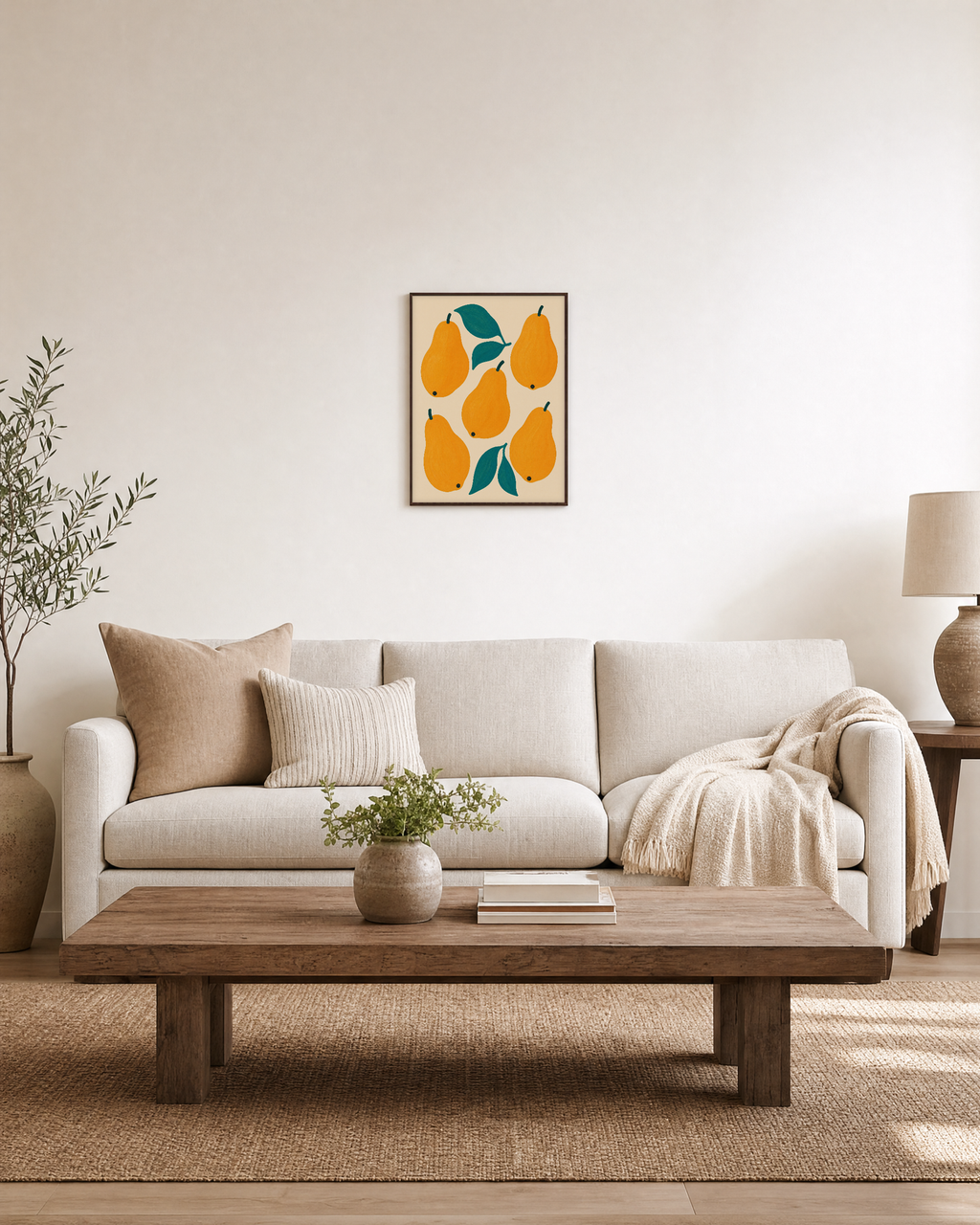Five Pears yellow pear wall art: unframed print is shown framed for styling in a living room; frame not included