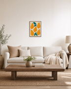 Five Pears yellow pear wall art: unframed print is shown framed for styling in a living room; frame not included