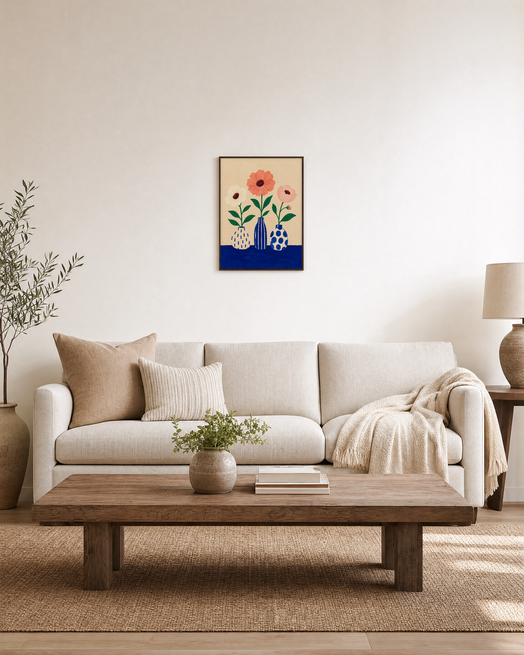 Table Blooms cobalt table flower wall art: unframed print is shown framed for styling in a living room; frame not included