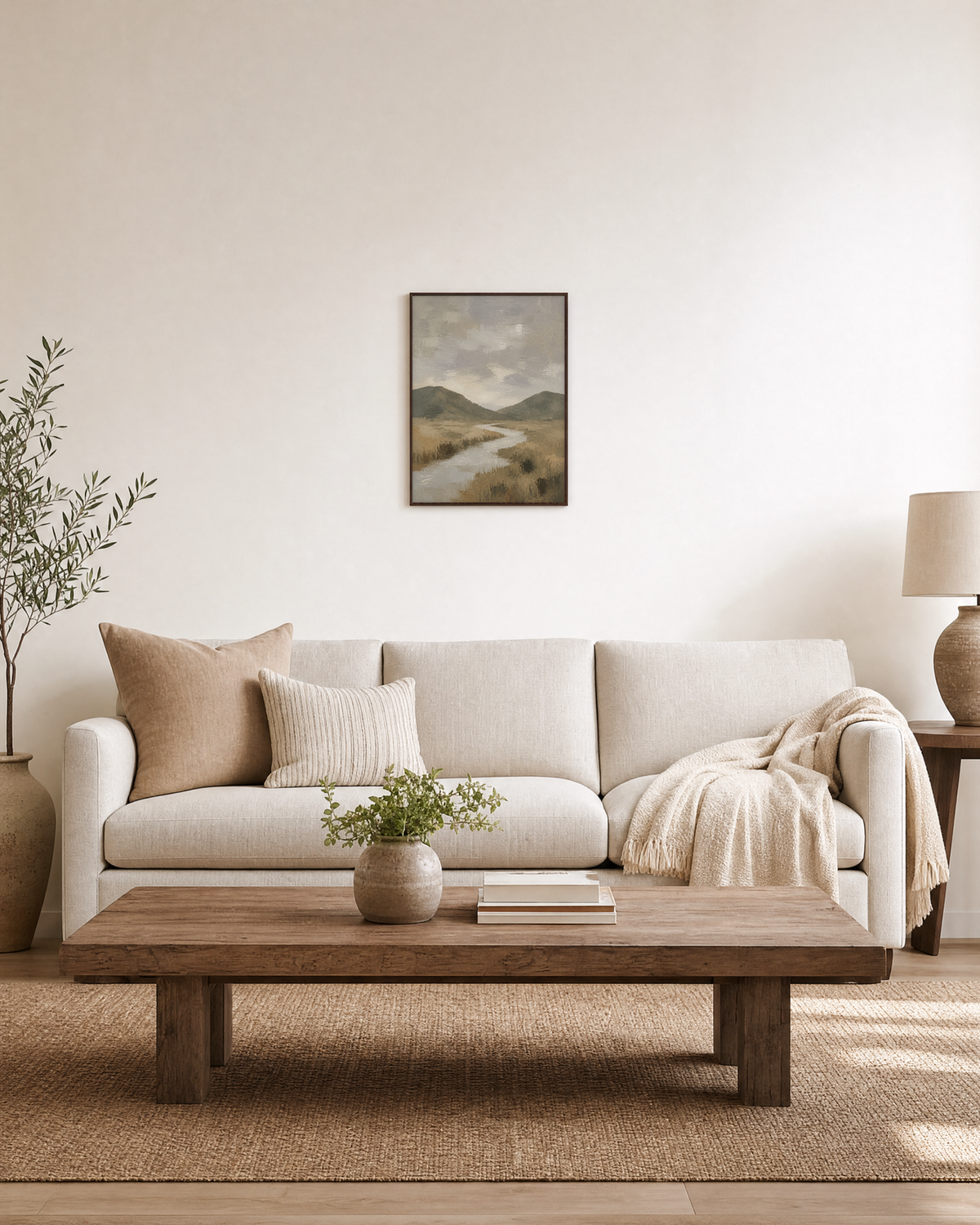 Grey Bend grey stream print: unframed print is shown framed for styling in a living room; frame not included