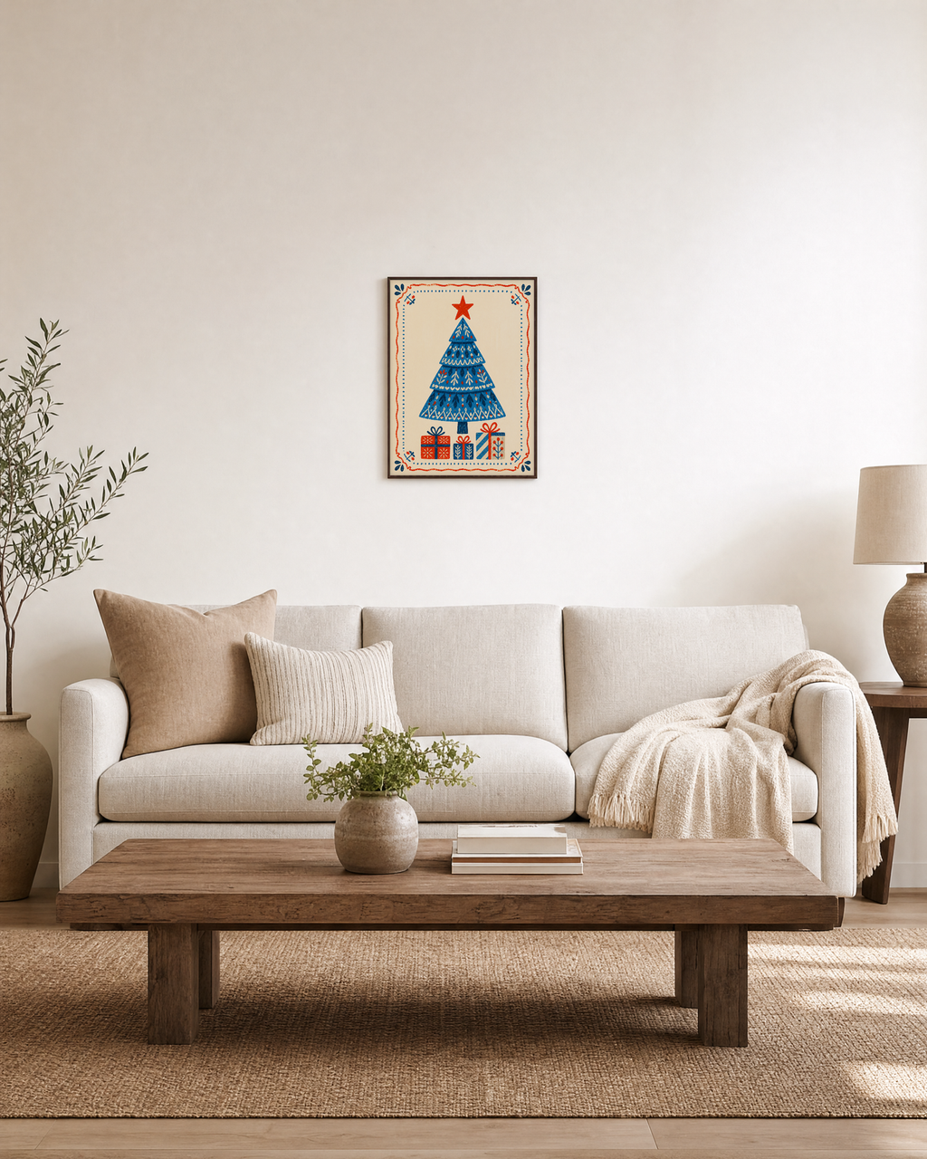 Gift Tree modern christmas wall art: unframed print is shown framed for styling in a living room; frame not included