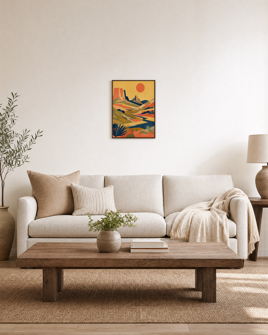 Canyon Sun desert art print: unframed print is shown framed for styling in a living room; frame not included