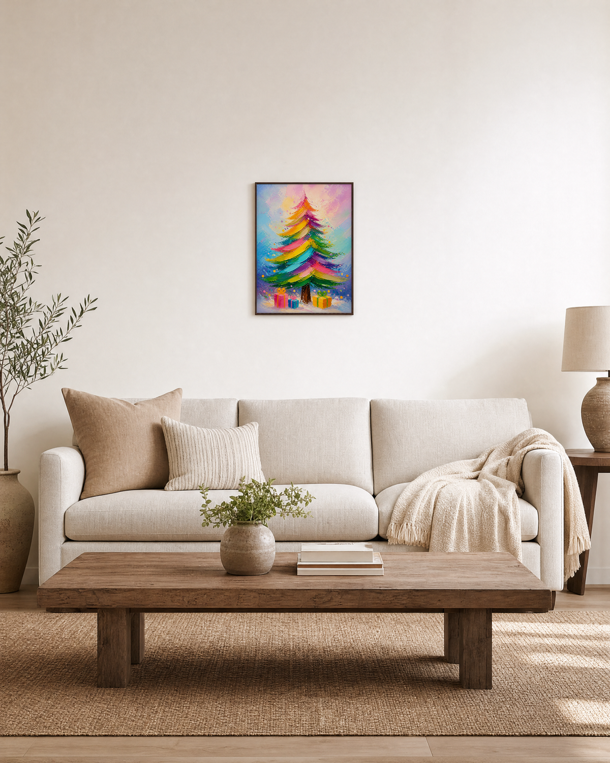 Rainbow Party rainbow tree print: unframed print is shown framed for styling in a living room; frame not included