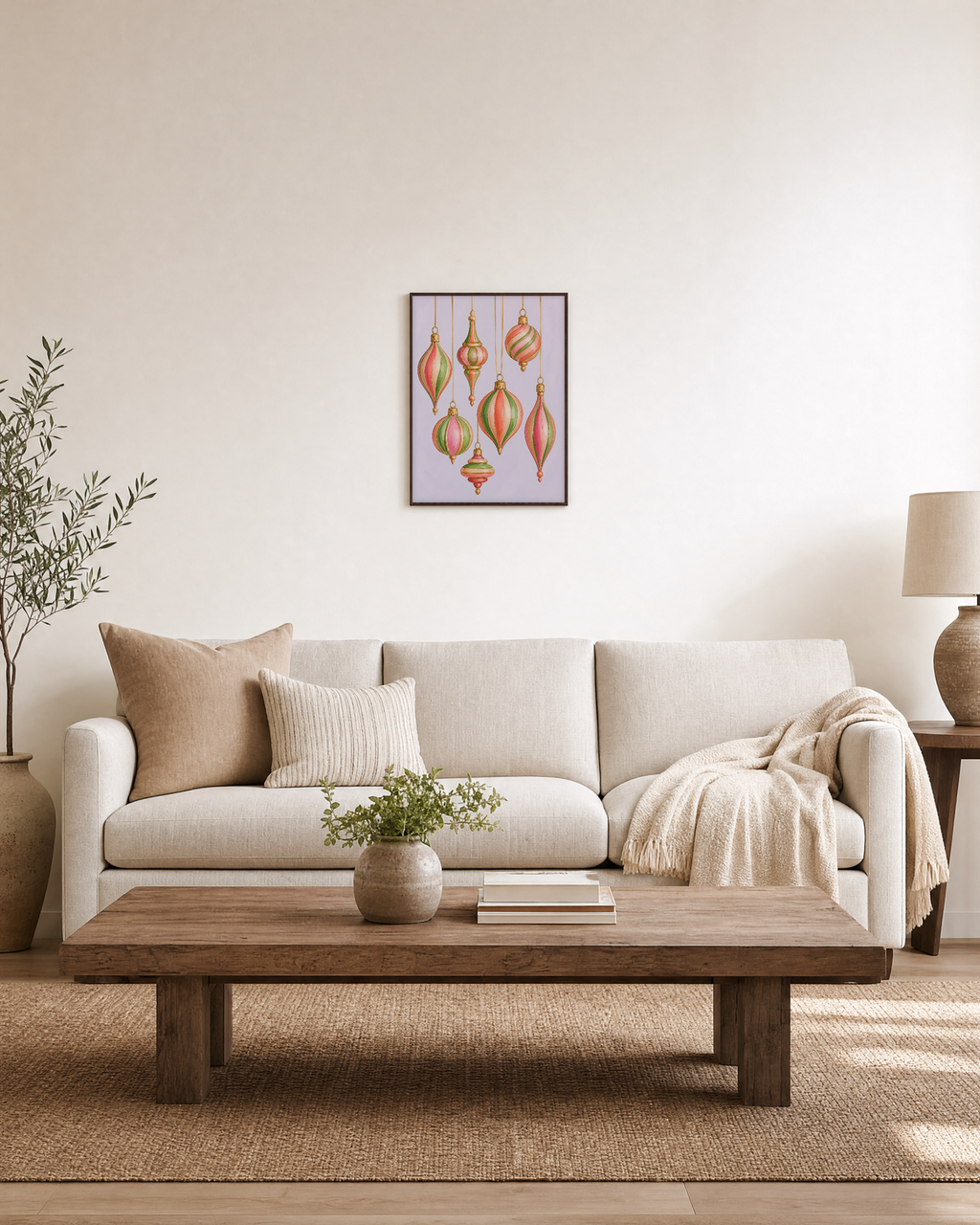 Candy Stripes stripe ornament print: unframed print is shown framed for styling in a living room; frame not included