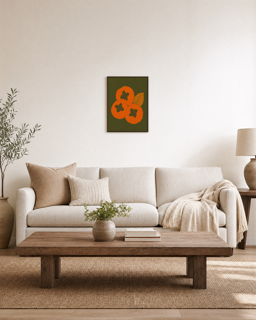 Olive Calyx olive persimmon wall art: unframed print is shown framed for styling in a living room; frame not included