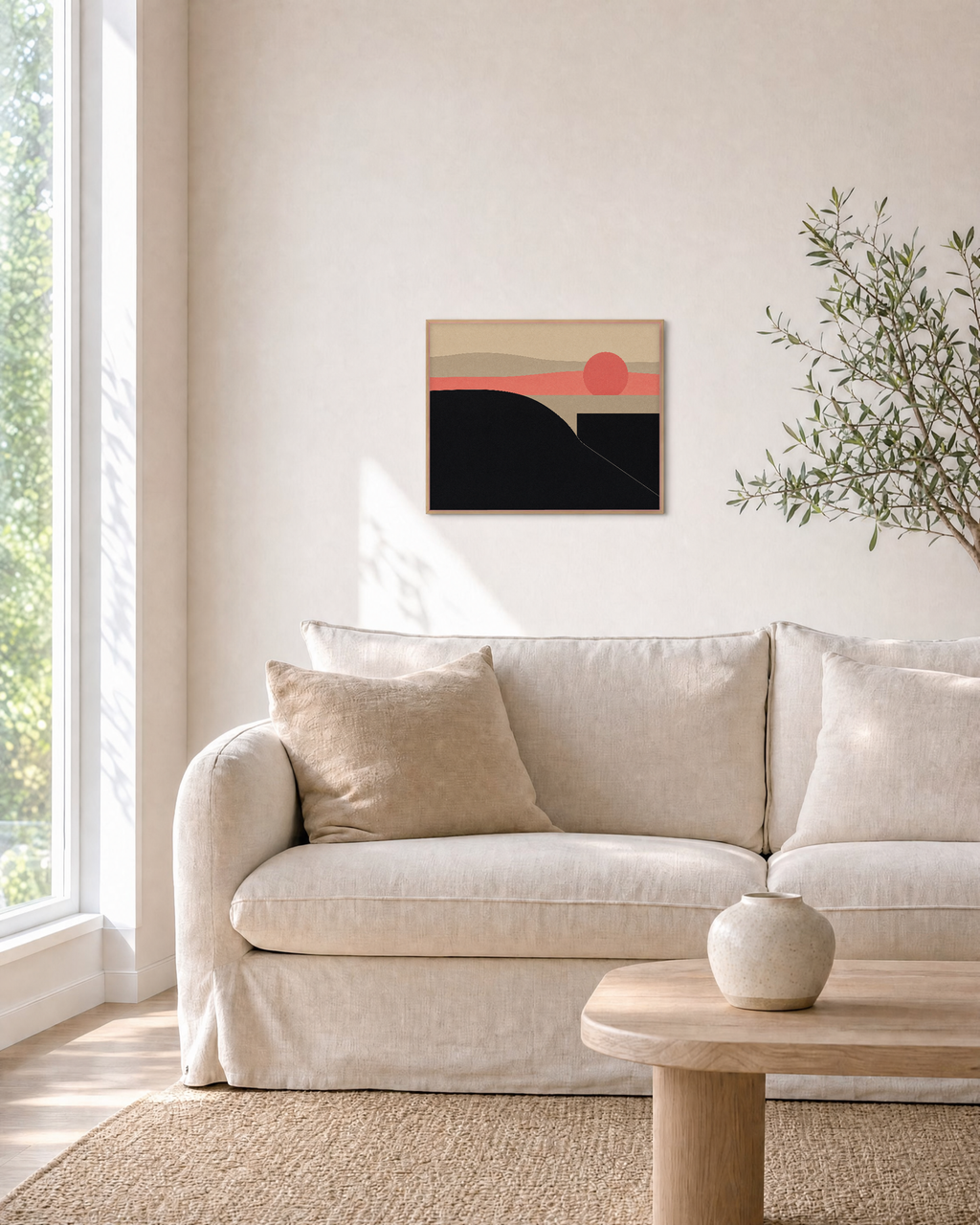Dusk Hill black hill wall art: unframed print is shown framed for styling in a living room; frame not included