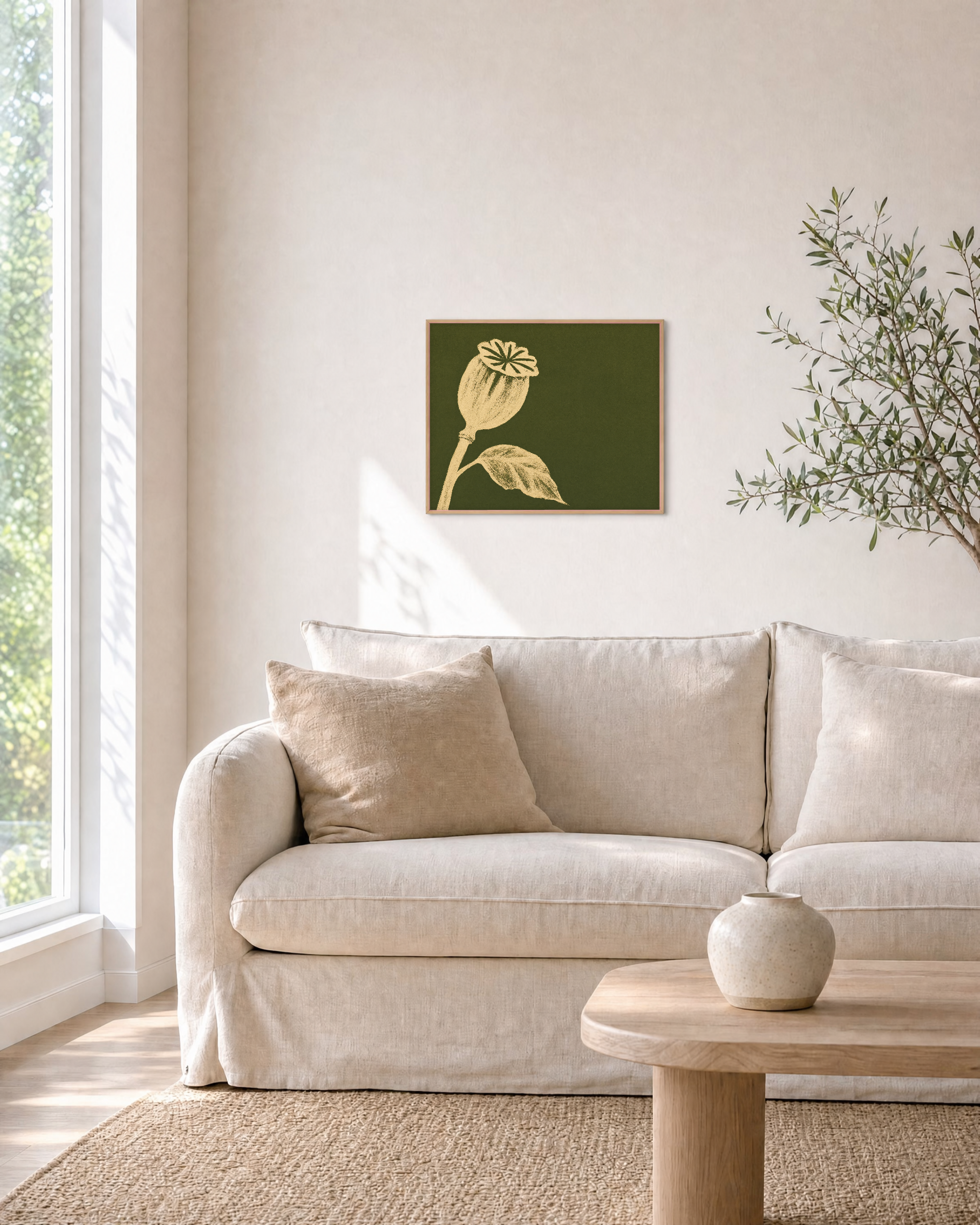 Ivory Bloom Forest unframed print is shown framed for styling in a living room; frame not included