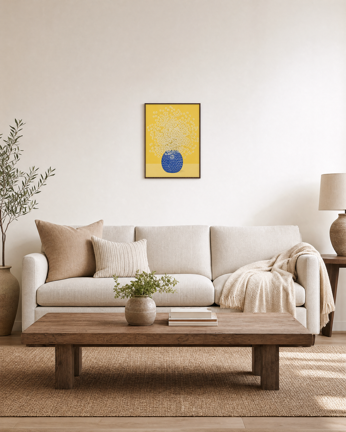 Baby's Breath flower prints: unframed print is shown framed for styling in a living room; frame not included