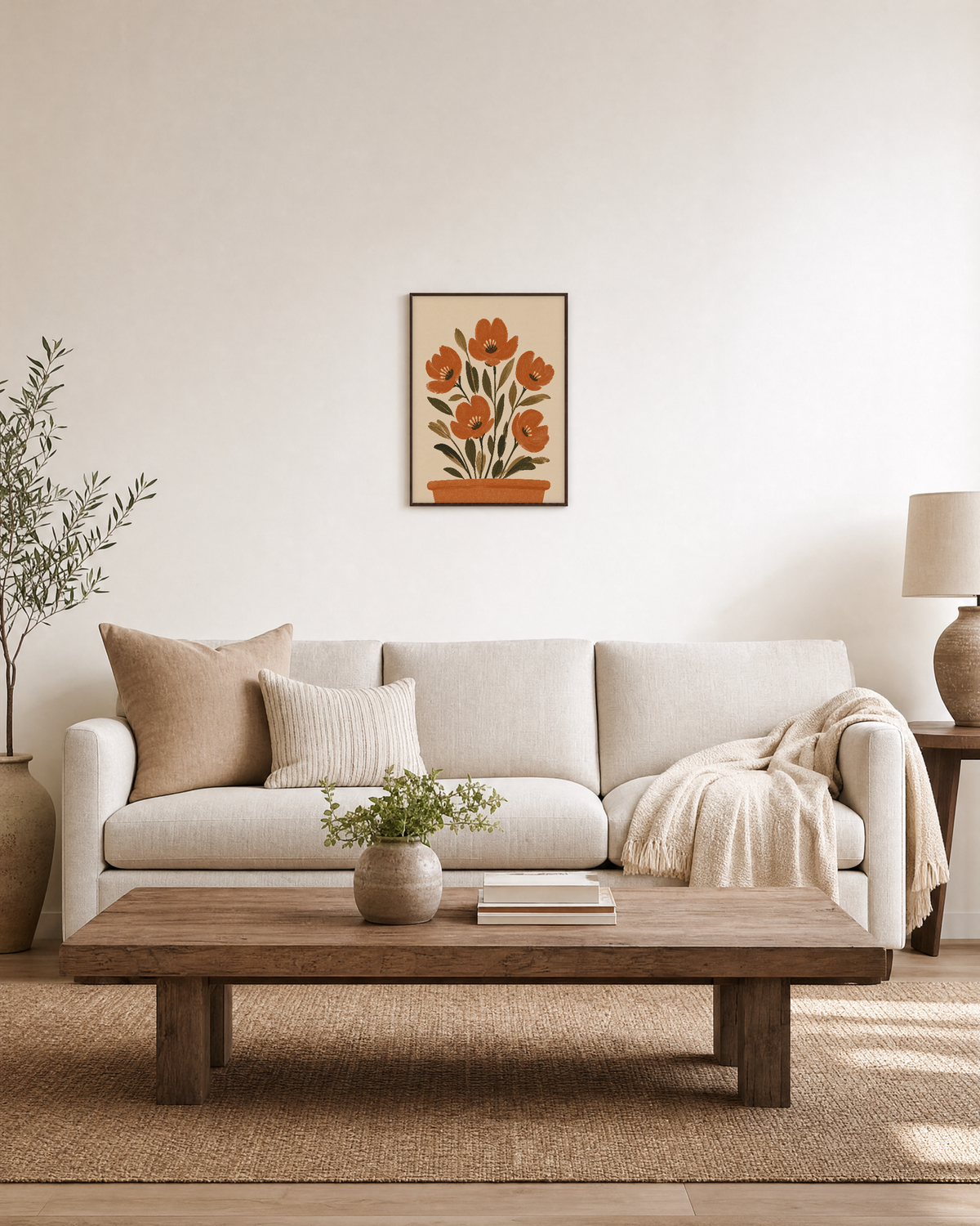 Morning Florets terracotta pot flower wall art: unframed print is shown framed for styling in a living room; frame not included