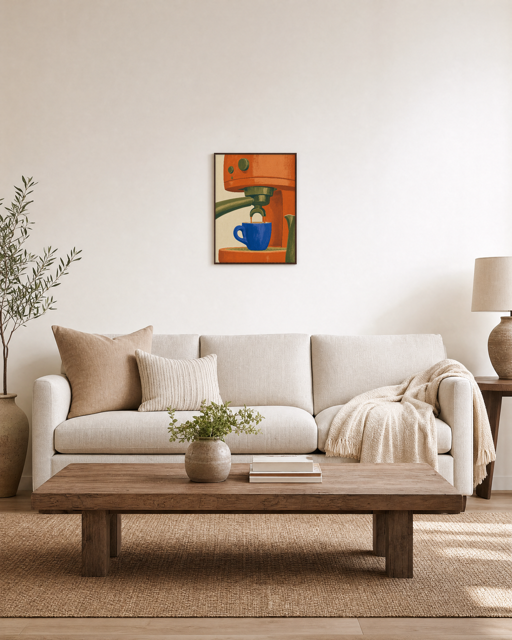 First Pull orange espresso wall art: unframed print is shown framed for styling in a living room; frame not included