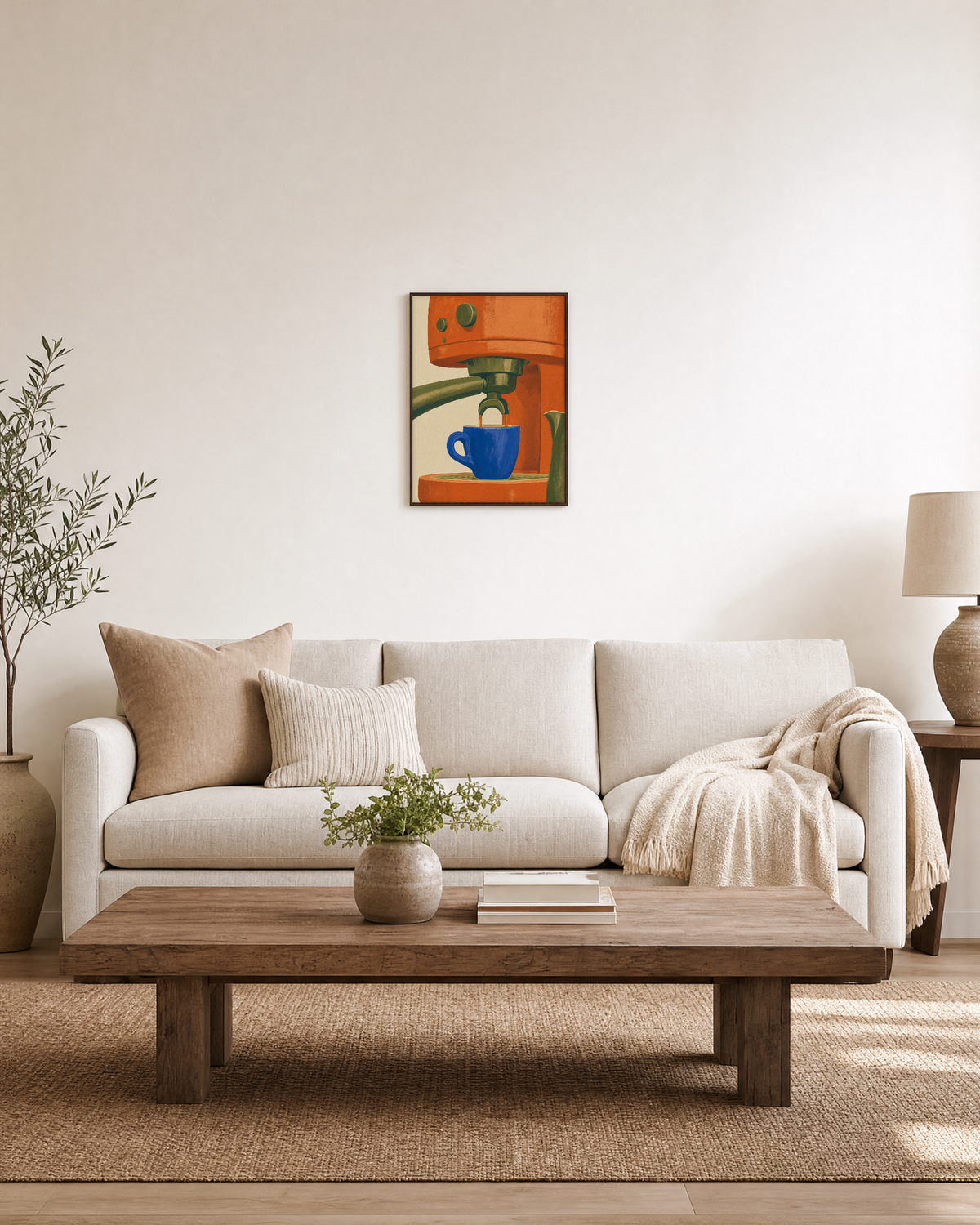 First Pull orange espresso wall art: unframed print is shown framed for styling in a living room; frame not included