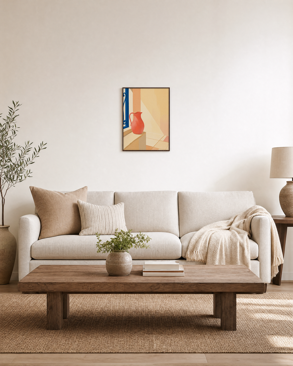 One Pitcher Window Seat unframed print is shown framed for styling in a living room; frame not included
