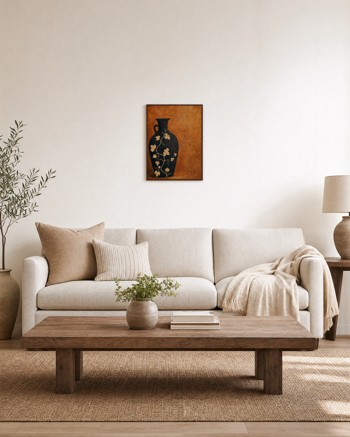 Night Vase black vase still life wall art print: unframed print is shown framed for styling in a living room; frame not included